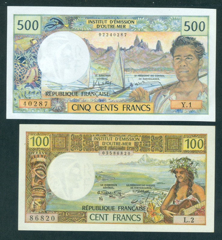 New Caledonia - 100 Francs ND (1973) ovpt. République Française (P. 63b) + 500 F...