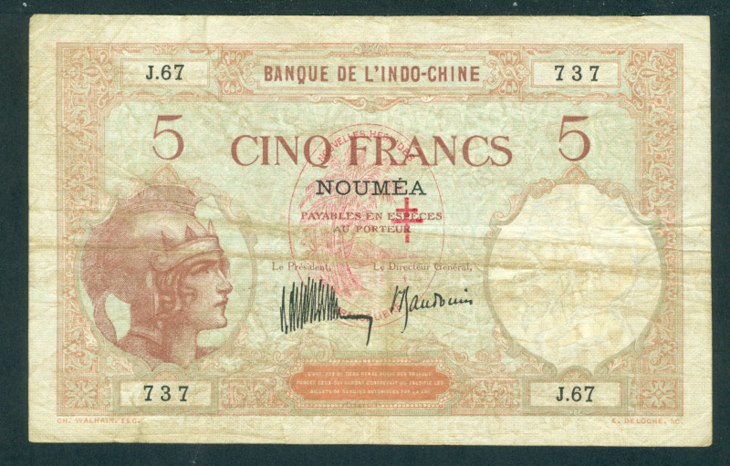 New Hebrides - 5 Francs ND (1941) red oval ovpt 'Nouvelles Hebrides France Libre...