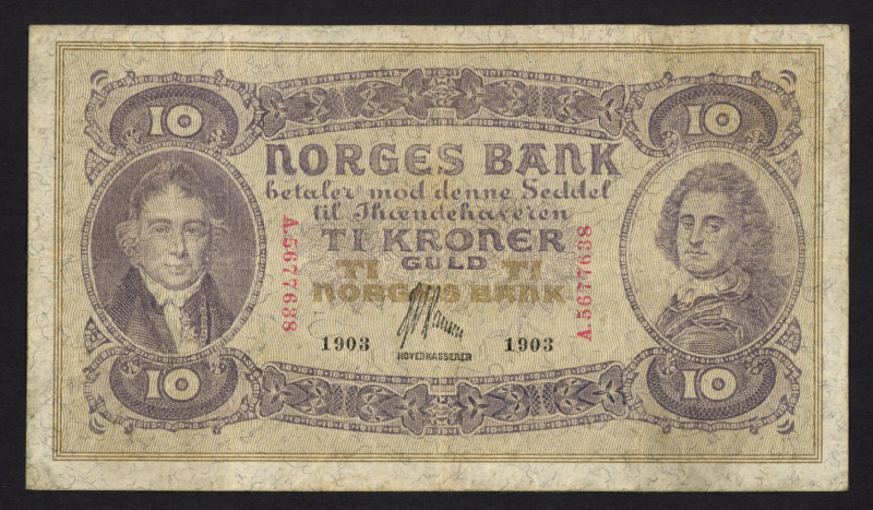 Norway - 10 Kroner 1903 Prefix A (P. 8a) - sign. Hansen - Fine