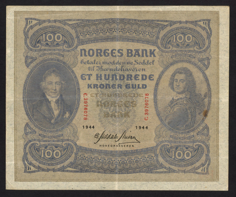 Norway - 100 Kroner 1944 Pres. Christie (P. 10c) - prefix C - a.VF