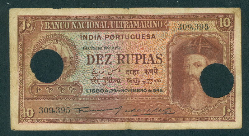 Portuguese India - 10 Rupias 29.11.1945 portrait A. de Albuquerque at right, Ban...