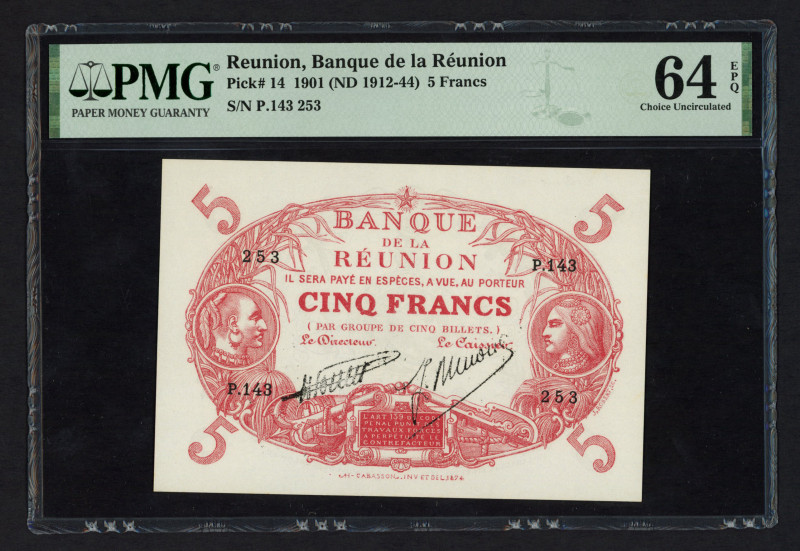 Réunion - 5 Francs L.1901 (1912-44) Medallic head left and right (P. 14a) - PMG ...