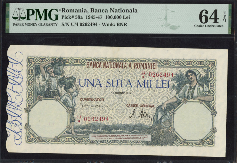 Romania - 100.000 Lei 20.12.1946 Women + boy (P. 58a) - PMG Choice UNC 64 EPQ