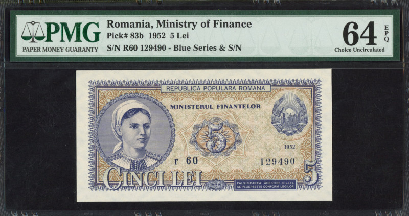 Romania - 5 Lei 1952 Girl at left (P. 83b) - blue series - PMG Choice UNC 64 EPQ