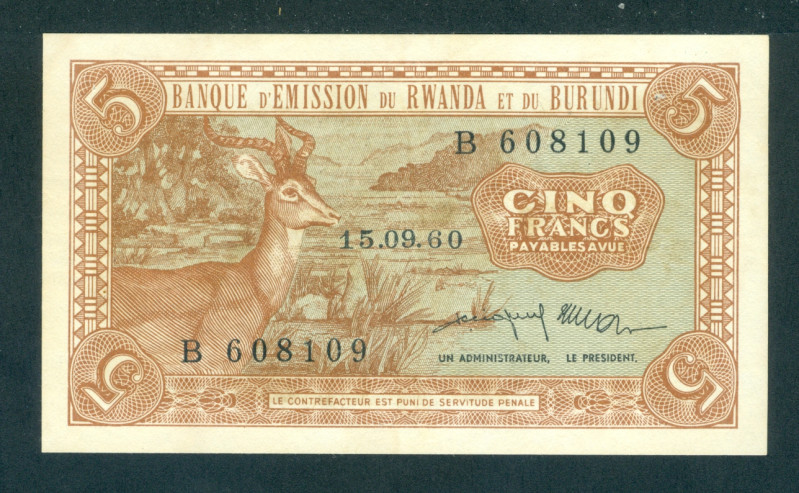 Rwanda-Burundi - 5 Francs 15.09.1960 Impala at left (P. 1a) - pressed - XF