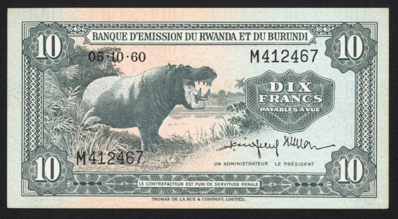 Rwanda-Burundi - 10 Francs 15.9.1960 Hippo (P. 2) - XF