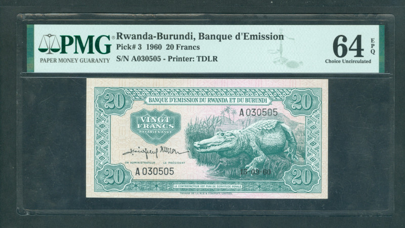 Rwanda-Burundi - 20 Francs 5.10.1960 Crocodile (P. 3) - UNC - in PMG Choice Unci...