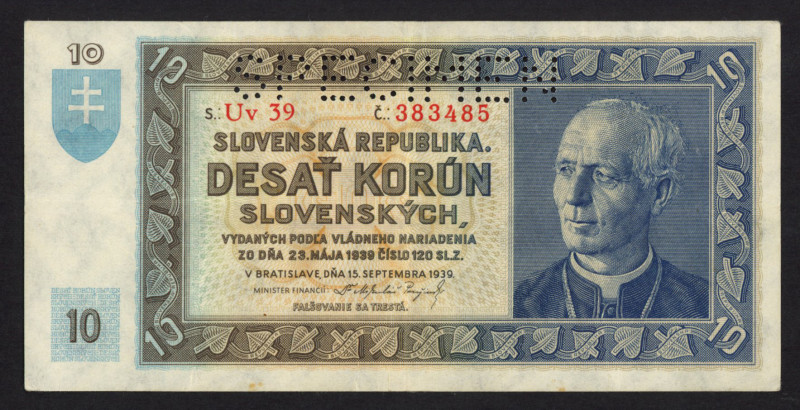 Slovakia - 10 Korun 15.9.1939 (P. 4s) - Specimen - XF.