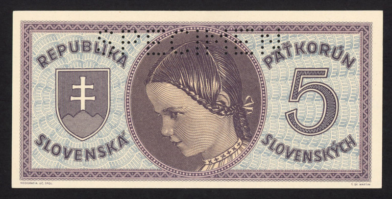 Slovakia - 5 Korun ND (1945) (P. 8s) - Specimen - UNC.