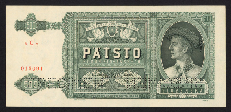 Slovakia - 500 Korun 12.7.1941 with 2 horizontal perforations (P. 12s) - Specime...