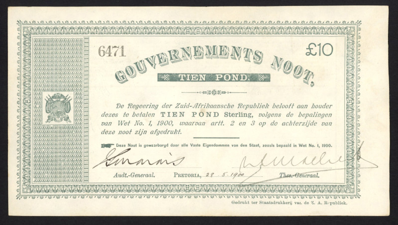 South Africa - Anglo-Boer War - 10 Pounds 28.5.1900 Gouvernements Noot - Zuid-Af...