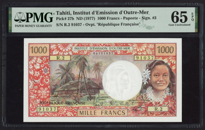 Tahiti - 1000 Francs ND (1977) Girl + hut (P. 27b) - Papeete - consecutive no. -...