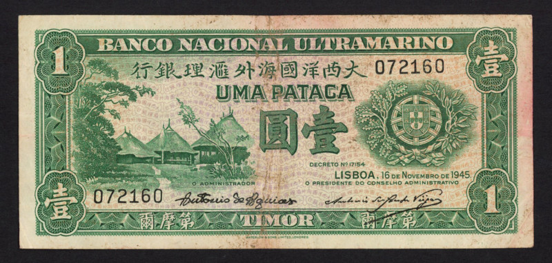 Timor - 1 Pataca 16.11.1945 Huts at left (P. 16) - discoloration on back - F/VF