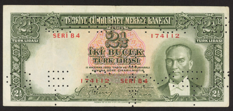 Turkey - 2½ Lira L.1930 (25.4.1939) Atatürk (P. 126a) - CANCELLED - perforation ...