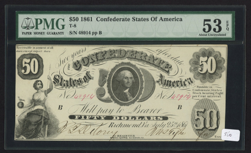 USA - Confederate States - T8 $50 1861 PF-2 Cr. 15. About Uncirculated 53 EPQ. (...