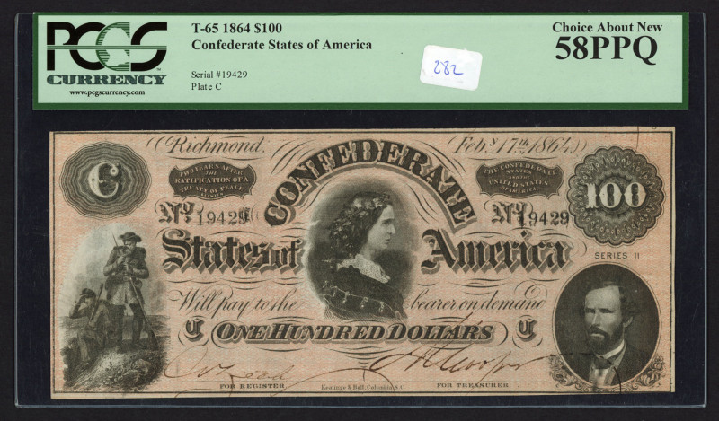 USA - Confederate States - T65 $100 1864, Serial# 19429, Platce C, PCGS Choice A...