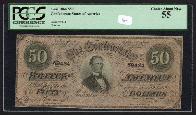 USA - Confederate States - T66 $50 1864, Serial #69434, Plate Az, PCGS Choice Ab...