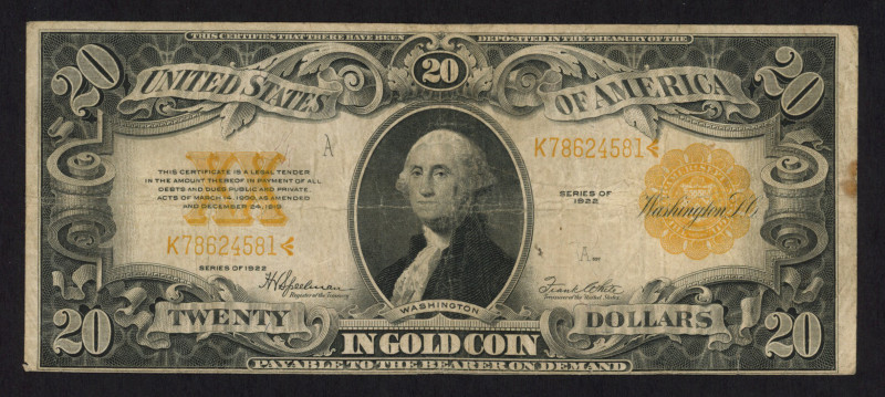 USA - Federal - Fr. 1187 $20 1922 Gold Certificate, serial# K78624581, sign. Spe...