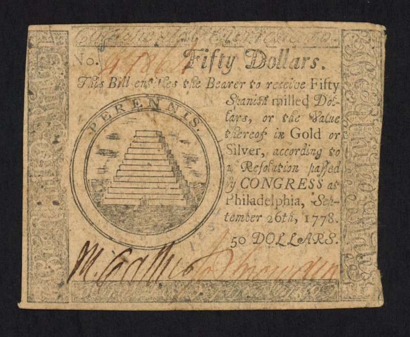 USA - USA - Continental Currency, $50 26.9.1778, Philadelphia issue, Very Fine.