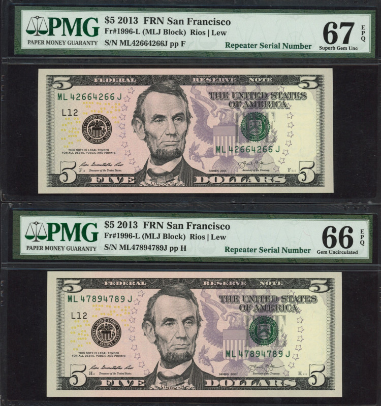 USA - USA - Federal Reserve Note 5 Dollars 2013 (Fr. 1996-L) Repeater Serial Num...