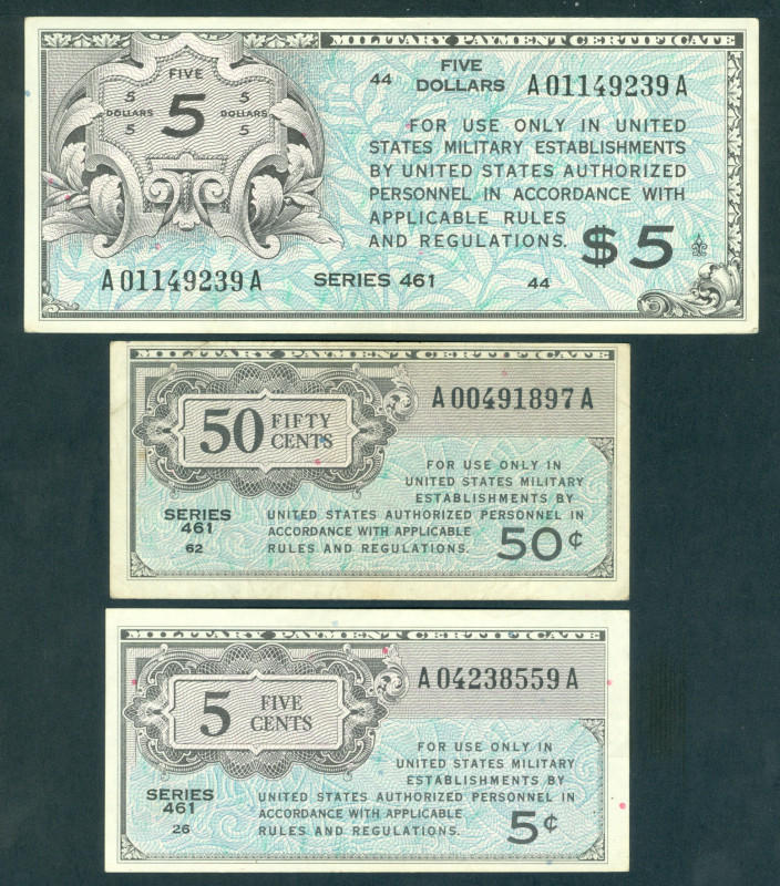 USA - Military Payment Certificates - 5 + 50 cents + 5 Dollars ND (1946) Series ...