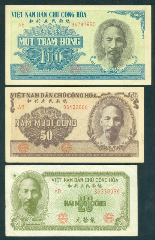 Vietnam - 20 + 50 + 100 Dong 1951 Ho Chi Minh on obverse (P. 60b - 61b - 62b) - ...