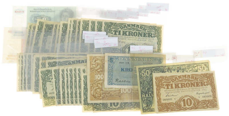 World - Collection of better and higher value banknotes in box from Denmark incl...