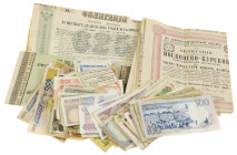 World - Box with various world banknotes also some Russian an shares incl. 100 Rubles Obligation der zweiten russischen 5% inneren Anleihe 1864/66 (6)