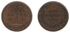 Antigua - British Administration - Farthing 1836 - Hannay & Coltart, St. John (KM Tn1, Pr.1) - Obv: Palm tree divides H and C / Rev: Value within wrea...