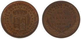 Argentina - Araucania-Patagonia (New France) - 2 Centavos 1874 - type 1 (KM X1, Lec.1, VG.3859) - Obv: Crowned arms within circle of stars / Rev: Valu...