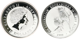 Australia - Elizabeth II (1952-2022) - 10 Dollars 1999 - Kookaburra (KM494) - Obv: Crowned head right / Rev: Kookaburra on fence - Silver 10 oz., .999...