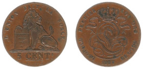 Belgium - Leopold I (1831-1865) - 5 Centimes 1837. Lion with tablet, Crowned monogram. KM5.1 VF