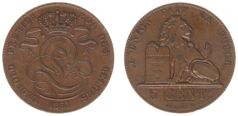 Belgium - Leopold I (1831-1865) - 5 Centimes 1853 (KM5.1, Aern.14) - Obv: Crowne...