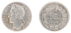 Belgium - Leopold I (1831-1865) - ¼ Franc 1834. Head left with signature, denomination within wreath. KM8 VF