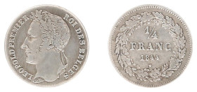 Belgium - Leopold I (1831-1865) - ¼ Franc 1844. Head left with signature, denomination within wreath. KM8 VF