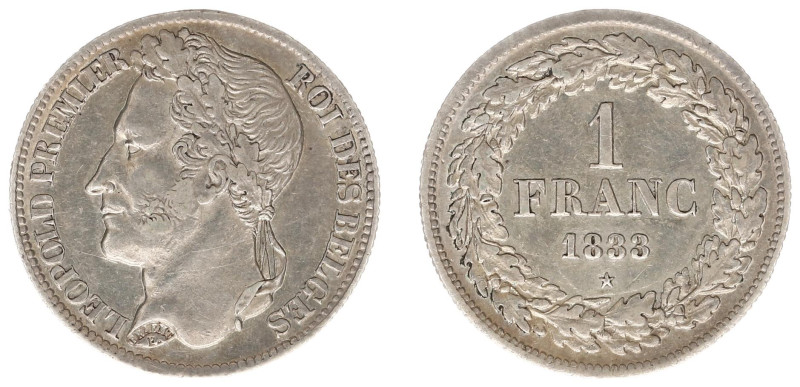 Belgium - Leopold I (1831-1865) - Franc 1833 (KM7.1, Aern.84) - Obv: Laureate he...