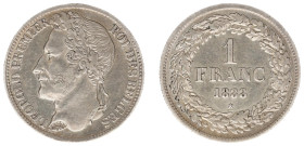 Belgium - Leopold I (1831-1865) - Franc 1833 (KM7.1, Aern.84) - Obv: Laureate head left / Rev: Value within wreath - good VF or better