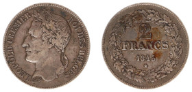 Belgium - Leopold I (1831-1865) - 2 Francs 1843 - Pos. A, edge lettering inclined right (KM9.1, Aern.107) - Obv: Laureate head left / Rev: Value withi...