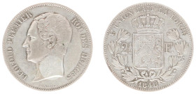 Belgium - Leopold I (1831-1865) - 2½ Francs 1848. Head left, Crowned shield, date below. KM11 VF