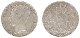 Belgium - Leopold I (1831-1865) - 2½ Francs 1849. Large head left, Crowned shield, date below. KM12 VF