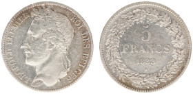 Belgium - Leopold I (1831-1865) - 5 Francs 1833 - pos. B (KM3.1, Aern.124) - Obv: Laureate head left / Rev: Value within wreath - good VF