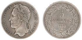 Belgium - Leopold I (1831-1865) - 5 Francs 1833. Head left, denomination within wreath. KM3.1 VF