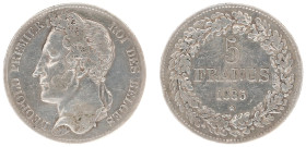 Belgium - Leopold I (1831-1865) - 5 Francs 1835. Head left, denomination within wreath. KM3.1 VF