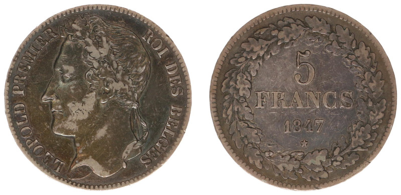 Belgium - Leopold I (1831-1865) - 5 Francs 1847 (KM3.2, Aern.125) - Obv: Laureat...