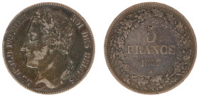 Belgium - Leopold I (1831-1865) - 5 Francs 1847 (KM3.2, Aern.125) - Obv: Laureate head left / Rev: Value within wreath - a.VF