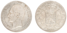 Belgium - Leopold I (1831-1865) - 5 Francs 1849. Head left, Crowned shield, date below. KM17 AU