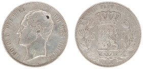 Belgium - Leopold I (1831-1865) - 5 Francs 1850. Dot above date Head left, Crowned shield, date below. KM17 - VF