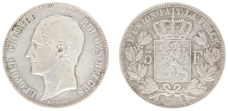 Belgium - Leopold I (1831-1865) - 5 Francs 1850. No dot above date Head left, Cr...