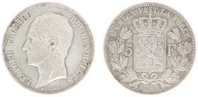 Belgium - Leopold I (1831-1865) - 5 Francs 1850. No dot above date Head left, Crowned shield, date below. KM17 - VF