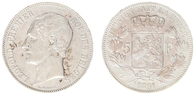 Belgium - Leopold I (1831-1865) - 5 Francs 1851 (KM17, Aern.126) - Obv: Head lef...